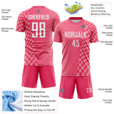 Custom Neon Pink White-Medium Pink Geometric Patchwork Asymmetry Checkered Zigzag Lines Sublimation Soccer Uniform Jersey