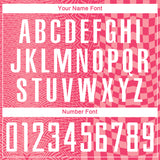 Custom Neon Pink White-Medium Pink Geometric Patchwork Asymmetry Checkered Zigzag Lines Sublimation Soccer Uniform Jersey