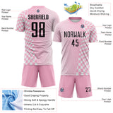 Custom Light Pink Black-White Geometric Patchwork Asymmetry Checkered Zigzag Lines Sublimation Soccer Uniform Jersey