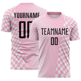 Custom Light Pink Black-White Geometric Patchwork Asymmetry Checkered Zigzag Lines Sublimation Soccer Uniform Jersey