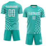Custom Aqua White-Ice Blue Geometric Patchwork Asymmetry Checkered Zigzag Lines Sublimation Soccer Uniform Jersey
