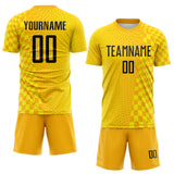 Custom Gold Black-Light Yellow Geometric Patchwork Asymmetry Checkered Zigzag Lines Sublimation Soccer Uniform Jersey