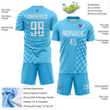Custom Sky Blue-White Geometric Patchwork Asymmetry Checkered Zigzag Lines Sublimation Soccer Uniform Jersey