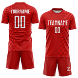 Custom Red-White Geometric Patchwork Asymmetry Checkered Zigzag Lines Sublimation Soccer Uniform Jersey