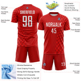 Custom Red-White Geometric Patchwork Asymmetry Checkered Zigzag Lines Sublimation Soccer Uniform Jersey