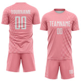 Custom Medium Pink-White Geometric Patchwork Asymmetry Checkered Zigzag Lines Sublimation Soccer Uniform Jersey