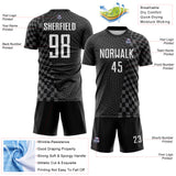 Custom Black White-Steel Gray Geometric Patchwork Asymmetry Checkered Zigzag Lines Sublimation Soccer Uniform Jersey