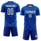 Custom Royal-White Geometric Patchwork Asymmetry Checkered Zigzag Lines Sublimation Soccer Uniform Jersey