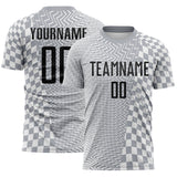 Custom Gray Black-White Geometric Patchwork Asymmetry Checkered Zigzag Lines Sublimation Soccer Uniform Jersey