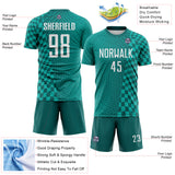 Custom Teal White-Aqua Geometric Patchwork Asymmetry Checkered Zigzag Lines Sublimation Soccer Uniform Jersey
