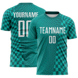 Custom Teal White-Aqua Geometric Patchwork Asymmetry Checkered Zigzag Lines Sublimation Soccer Uniform Jersey