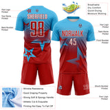 Custom Sky Blue Red-White Gradient Style Twinkle Star Sublimation Soccer Uniform Jersey