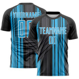 Custom Black Sky Blue-White Brush Stroke Fluid Stripes Sublimation Soccer Uniform Jersey