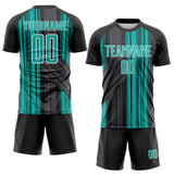 Custom Black Aqua-White Brush Stroke Fluid Stripes Sublimation Soccer Uniform Jersey
