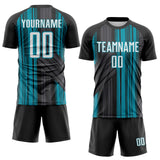 Custom Black White-Teal Brush Stroke Fluid Stripes Sublimation Soccer Uniform Jersey