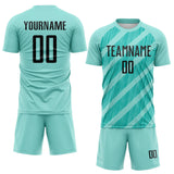 Custom Ice Blue Black-Aqua Diagonal Stripes Sublimation Soccer Uniform Jersey