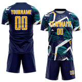 Custom Navy Gold Teal-White Geometric Asymmetry Shatter Sublimation Soccer Uniform Jersey