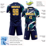 Custom Navy Gold Teal-White Geometric Asymmetry Shatter Sublimation Soccer Uniform Jersey