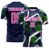 Custom Navy Pink Green-White Geometric Asymmetry Shatter Sublimation Soccer Uniform Jersey