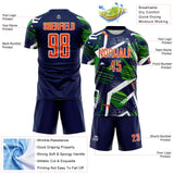 Custom Navy Orange Green-White Geometric Asymmetry Shatter Sublimation Soccer Uniform Jersey