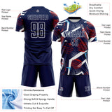Custom Navy Red Blue-White Geometric Asymmetry Shatter Sublimation Soccer Uniform Jersey