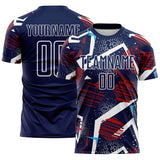 Custom Navy Red Blue-White Geometric Asymmetry Shatter Sublimation Soccer Uniform Jersey