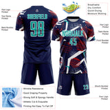 Custom Navy Aqua Red White-Black Geometric Asymmetry Shatter Sublimation Soccer Uniform Jersey