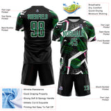 Custom Black Kelly Green Pink-White Geometric Asymmetry Shatter Sublimation Soccer Uniform Jersey