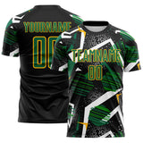 Custom Black Kelly Green White-Gold Geometric Asymmetry Shatter Sublimation Soccer Uniform Jersey