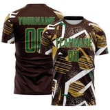 Custom Brown Kelly Green White-Old Gold Geometric Asymmetry Shatter Sublimation Soccer Uniform Jersey