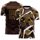 Custom Brown White Orange-Old Gold Geometric Asymmetry Shatter Sublimation Soccer Uniform Jersey