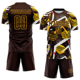 Custom Brown Red White-Gold Geometric Asymmetry Shatter Sublimation Soccer Uniform Jersey