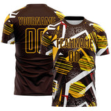 Custom Brown Red White-Gold Geometric Asymmetry Shatter Sublimation Soccer Uniform Jersey