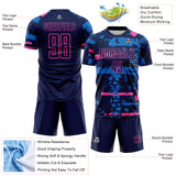 Custom Navy Pink-Blue Abstract Geometric Stripe Fragment Sublimation Soccer Uniform Jersey