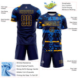 Custom Navy Gold-Blue Abstract Geometric Stripe Fragment Sublimation Soccer Uniform Jersey