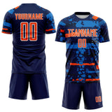 Custom Navy Orange Blue-White Abstract Geometric Stripe Fragment Sublimation Soccer Uniform Jersey