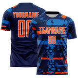 Custom Navy Orange Blue-White Abstract Geometric Stripe Fragment Sublimation Soccer Uniform Jersey