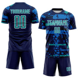 Custom Navy Teal Blue-White Abstract Geometric Stripe Fragment Sublimation Soccer Uniform Jersey