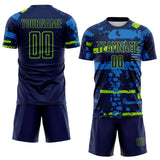 Custom Navy Neon Green-Blue Abstract Geometric Stripe Fragment Sublimation Soccer Uniform Jersey