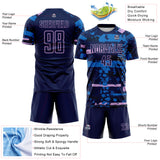 Custom Navy Light Purple-Blue Abstract Geometric Stripe Fragment Sublimation Soccer Uniform Jersey