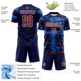 Custom Navy Crimson Blue-White Abstract Geometric Stripe Fragment Sublimation Soccer Uniform Jersey