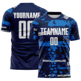 Custom Navy White Gray-Blue Abstract Geometric Stripe Fragment Sublimation Soccer Uniform Jersey