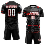 Custom Black White Red-Gray Abstract Geometric Stripe Fragment Sublimation Soccer Uniform Jersey