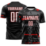 Custom Black White Red-Gray Abstract Geometric Stripe Fragment Sublimation Soccer Uniform Jersey
