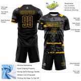 Custom Black Gold-Gray Abstract Geometric Stripe Fragment Sublimation Soccer Uniform Jersey
