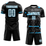Custom Black White Sky Blue-Gray Abstract Geometric Stripe Fragment Sublimation Soccer Uniform Jersey