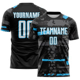 Custom Black White Sky Blue-Gray Abstract Geometric Stripe Fragment Sublimation Soccer Uniform Jersey