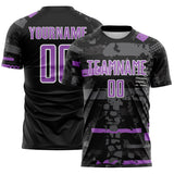 Custom Black Medium Purple Gray-White Abstract Geometric Stripe Fragment Sublimation Soccer Uniform Jersey