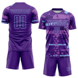 Custom Purple-Light Blue Abstract Geometric Stripe Fragment Sublimation Soccer Uniform Jersey