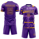 Custom Purple-Gold Abstract Geometric Stripe Fragment Sublimation Soccer Uniform Jersey